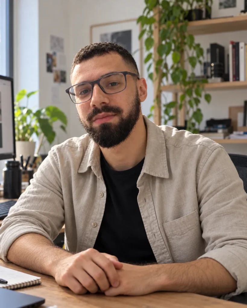Gui Pinheiro sentado à mesa de trabalho, ao lado do computador