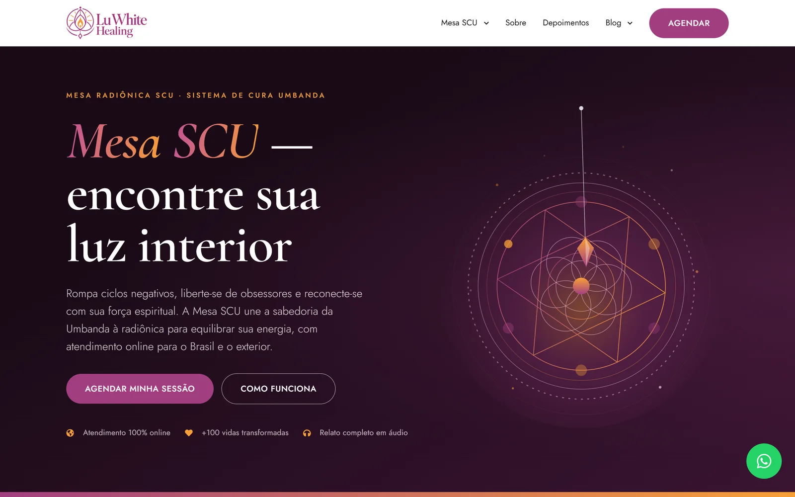 Página inicial da landing page Mesa SCU, de Lu White Healing